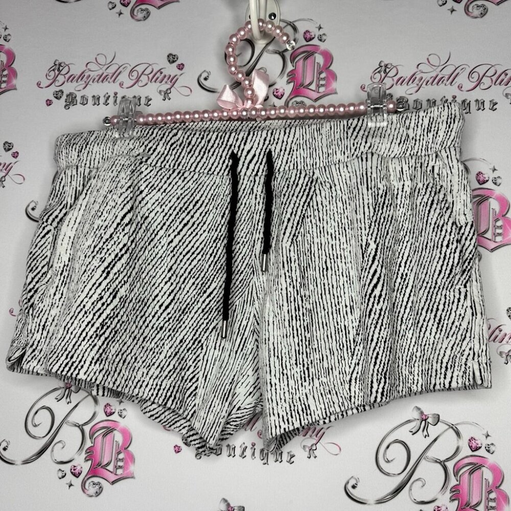 Zyia active shorts white black stripes braided rope tie up moon embroidered logo